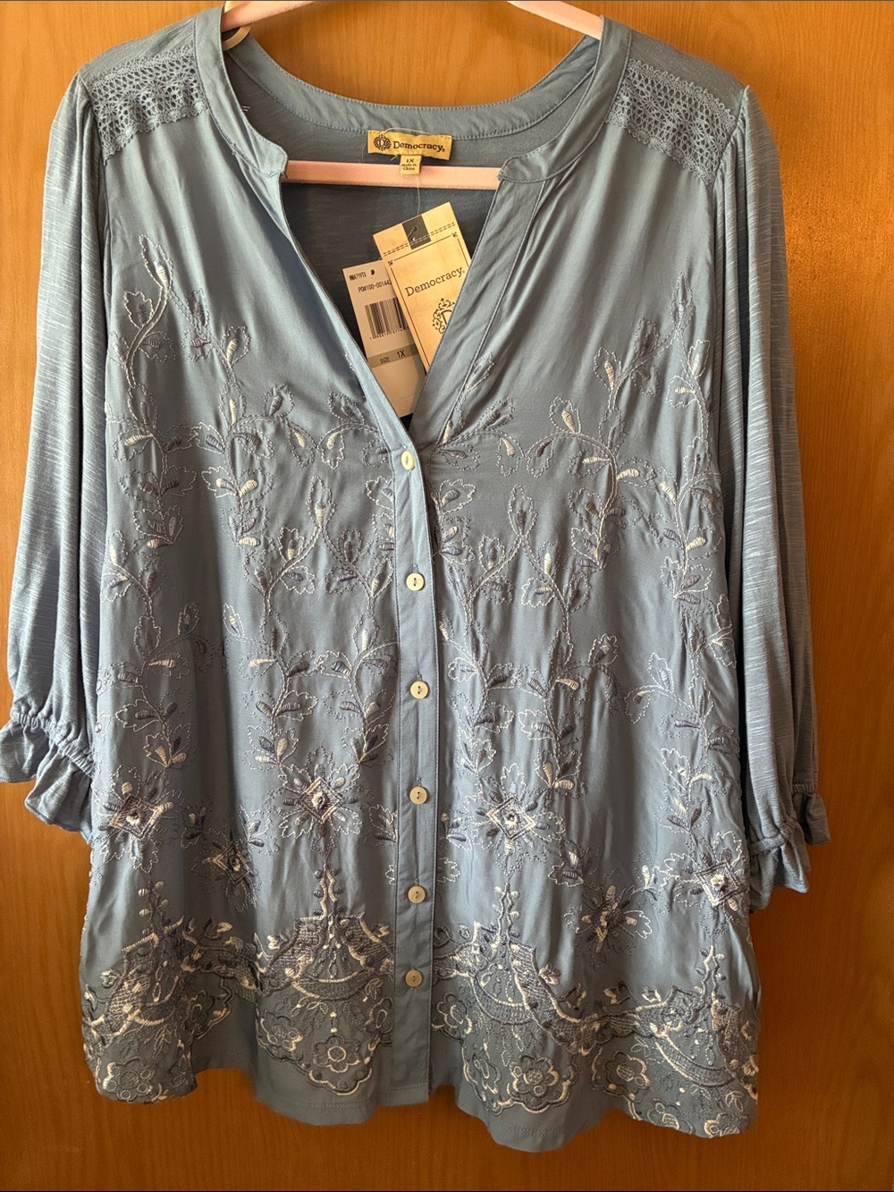 Democracy Dusty Blue Embroidered Button-Front Tunic Blouse